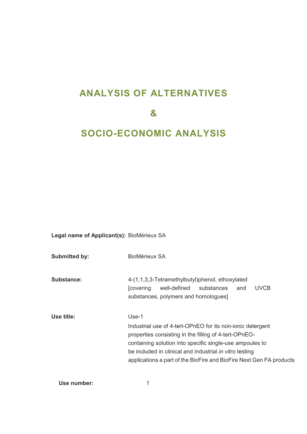 Analysis of Alternatives & Socio-Economic Analysis