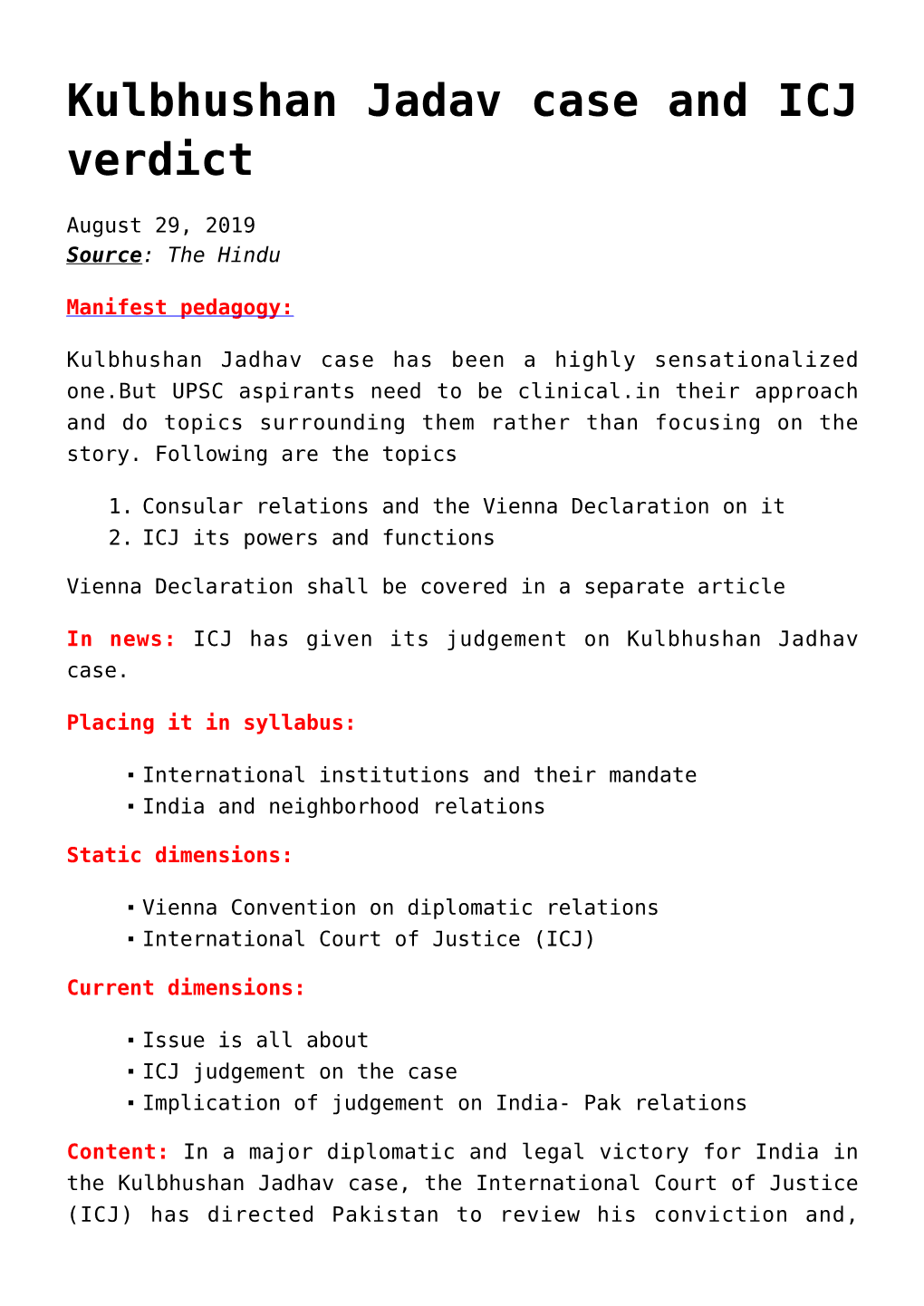 Kulbhushan Jadav Case and ICJ Verdict