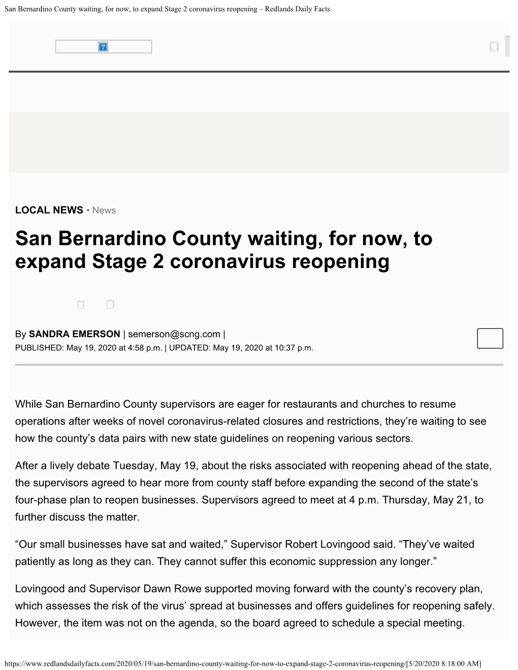 San Bernardino County Waiting, for Now, to Expand Stage 2 Coronavirus Reopening – Redlands Daily Facts