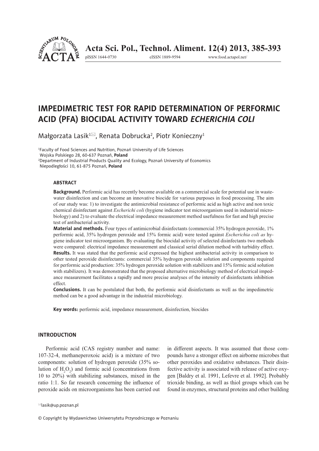 Acta Sci. Pol., Technol. Aliment. 12(4) 2013, 385-393 IMPEDIMETRIC