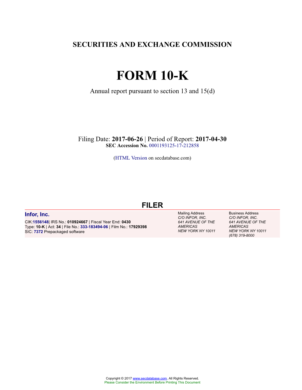 Infor, Inc. Form 10-K Annual Report Filed 2017-06-26