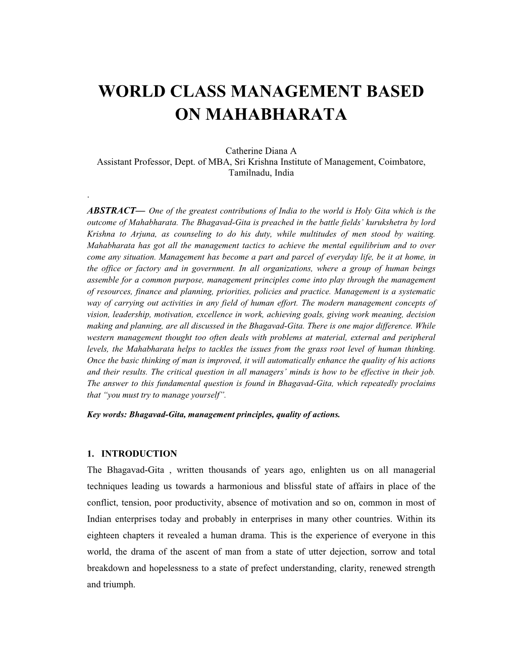 World Class Management Based on Mahabharata