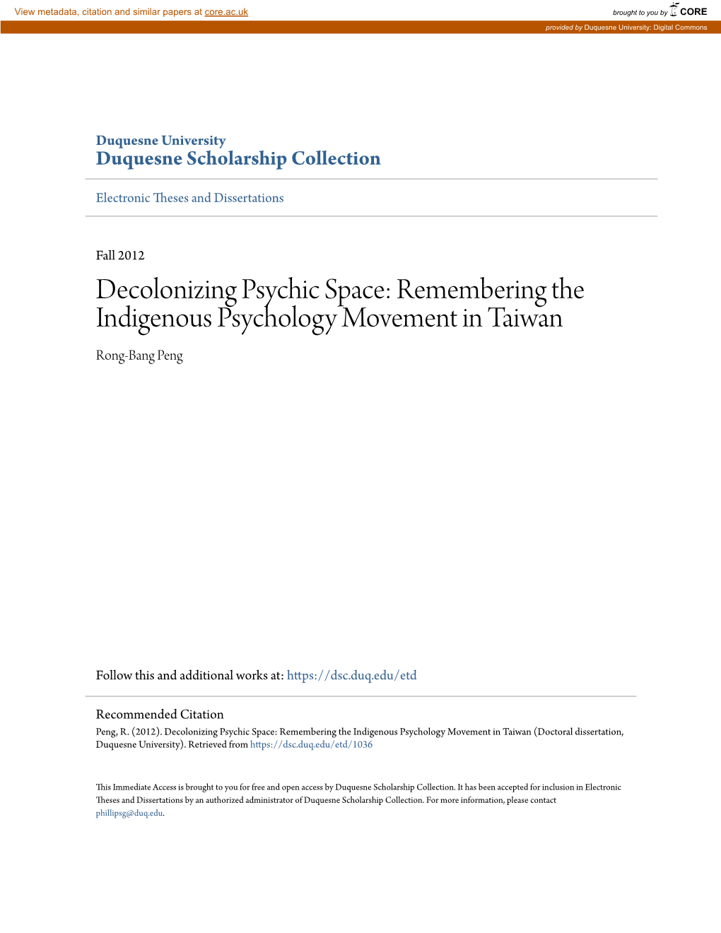 Remembering the Indigenous Psychology Movement in Taiwan Rong-Bang Peng