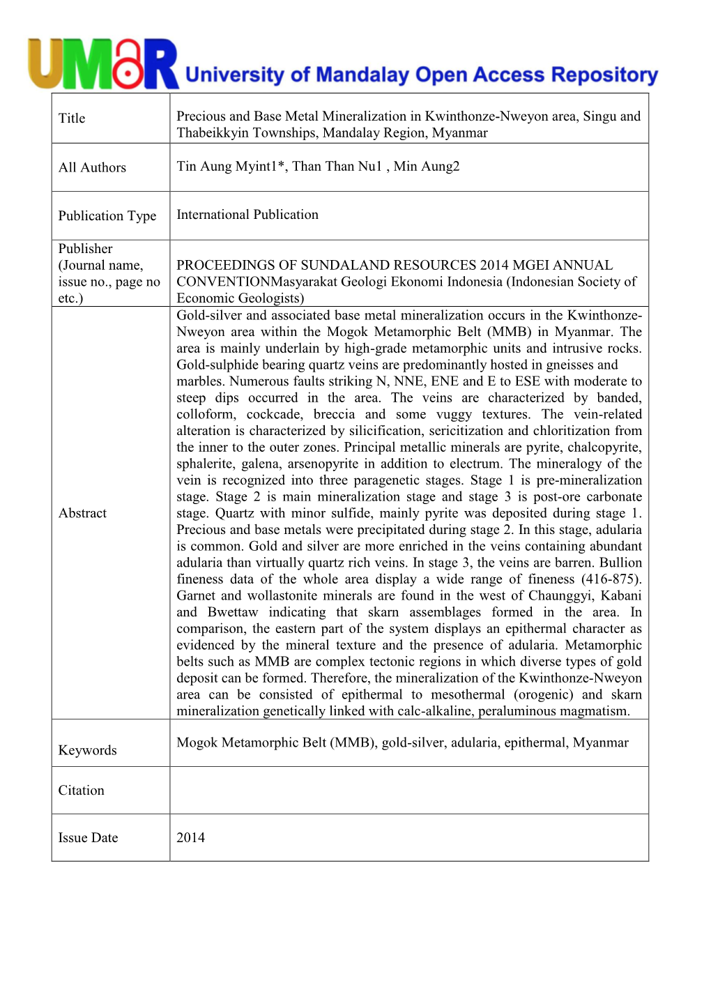 Title Precious and Base Metal Mineralization in Kwinthonze-Nweyon Area, Singu and Thabeikkyin Townships, Mandalay Region, Myanmar