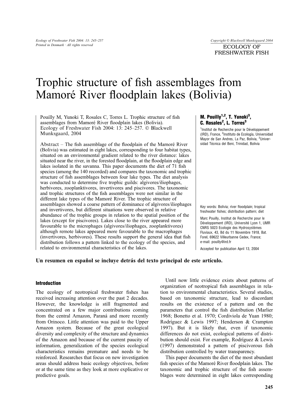 Trophic Structure of Fish Assemblages from Mamore´ River Floodplain Lakes