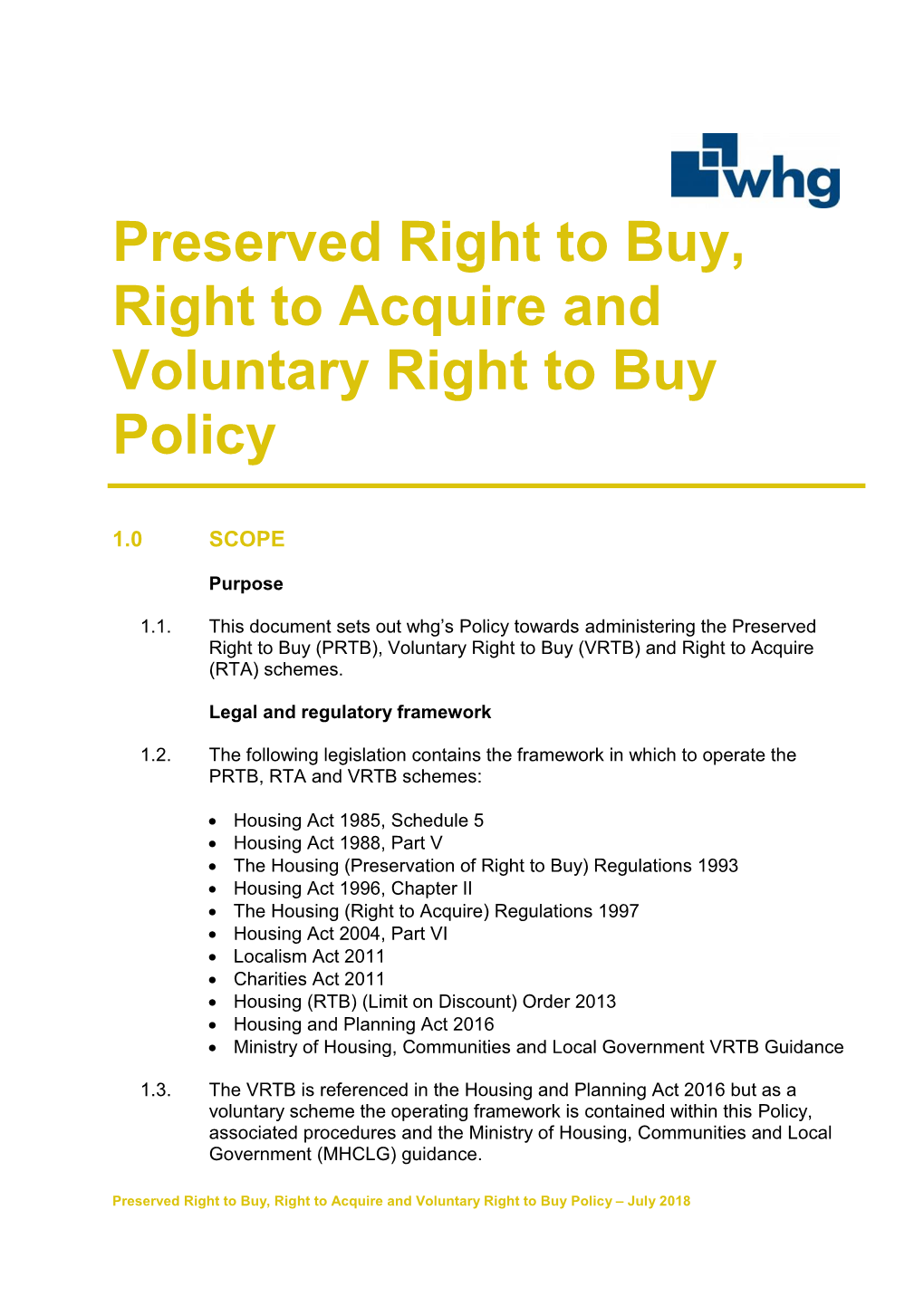 Preserved Right to Buy, Right to Acquire and Voluntary Right to Buy Policy