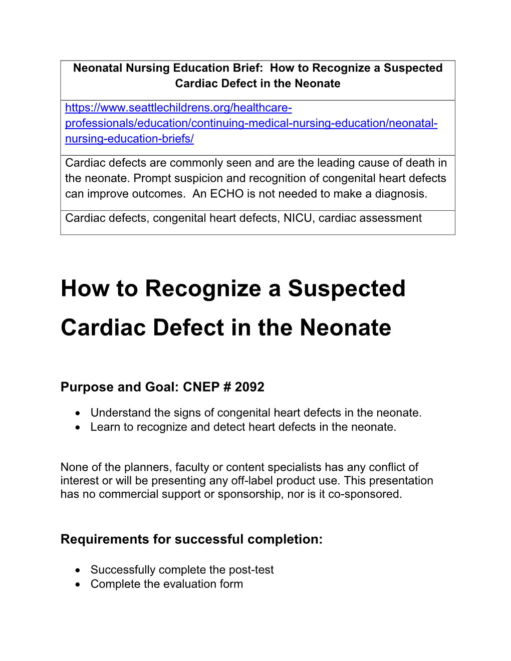 How to Recognize a Suspected Cardiac Defect in the Neonate