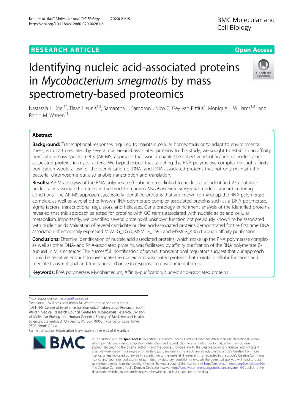 Identifying Nucleic Acid-Associated Proteins in Mycobacterium Smegmatis by Mass Spectrometry-Based Proteomics Nastassja L