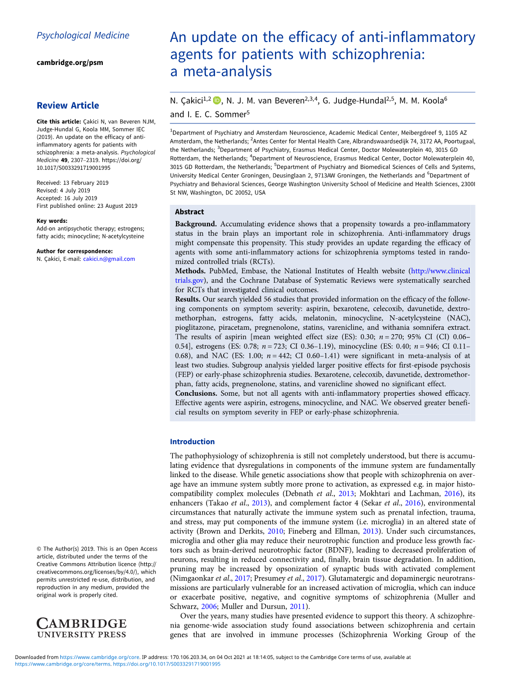 An Update on the Efficacy of Anti-Inflammatory Agents for Patients with Schizophrenia: Cambridge.Org/Psm a Meta-Analysis