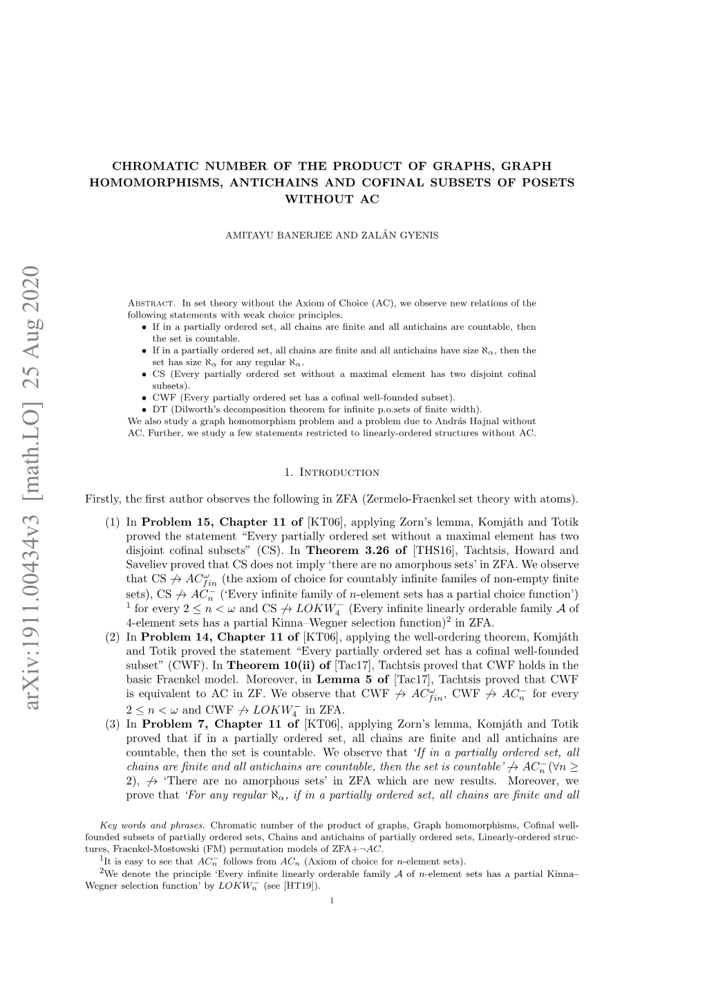 Chromatic Number of the Product of Graphs, Graph Homomorphisms, Antichains and Cofinal Subsets of Posets Without AC