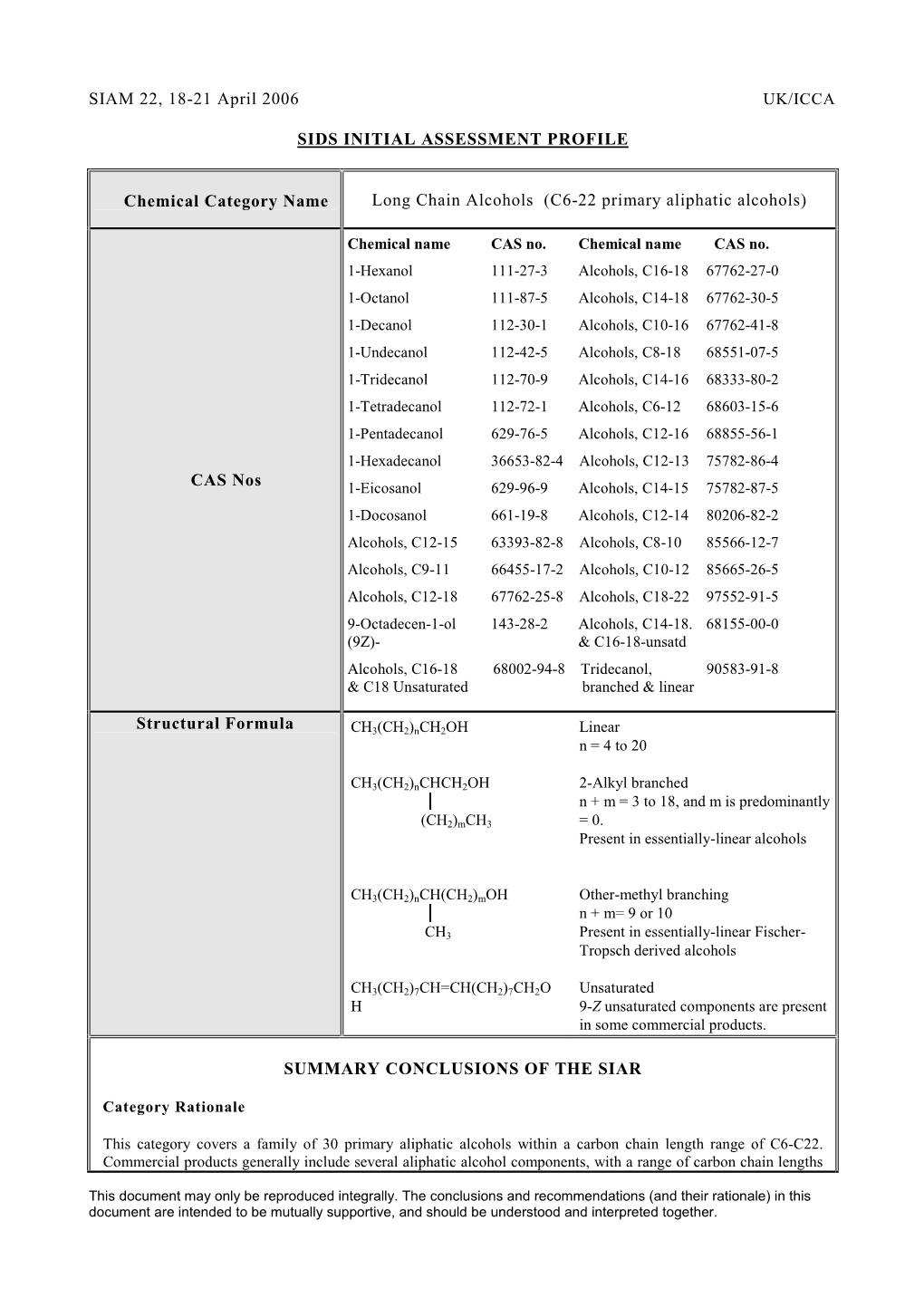 Long Chain Alcohols (C6-22 Primary Aliphatic Alcohols)