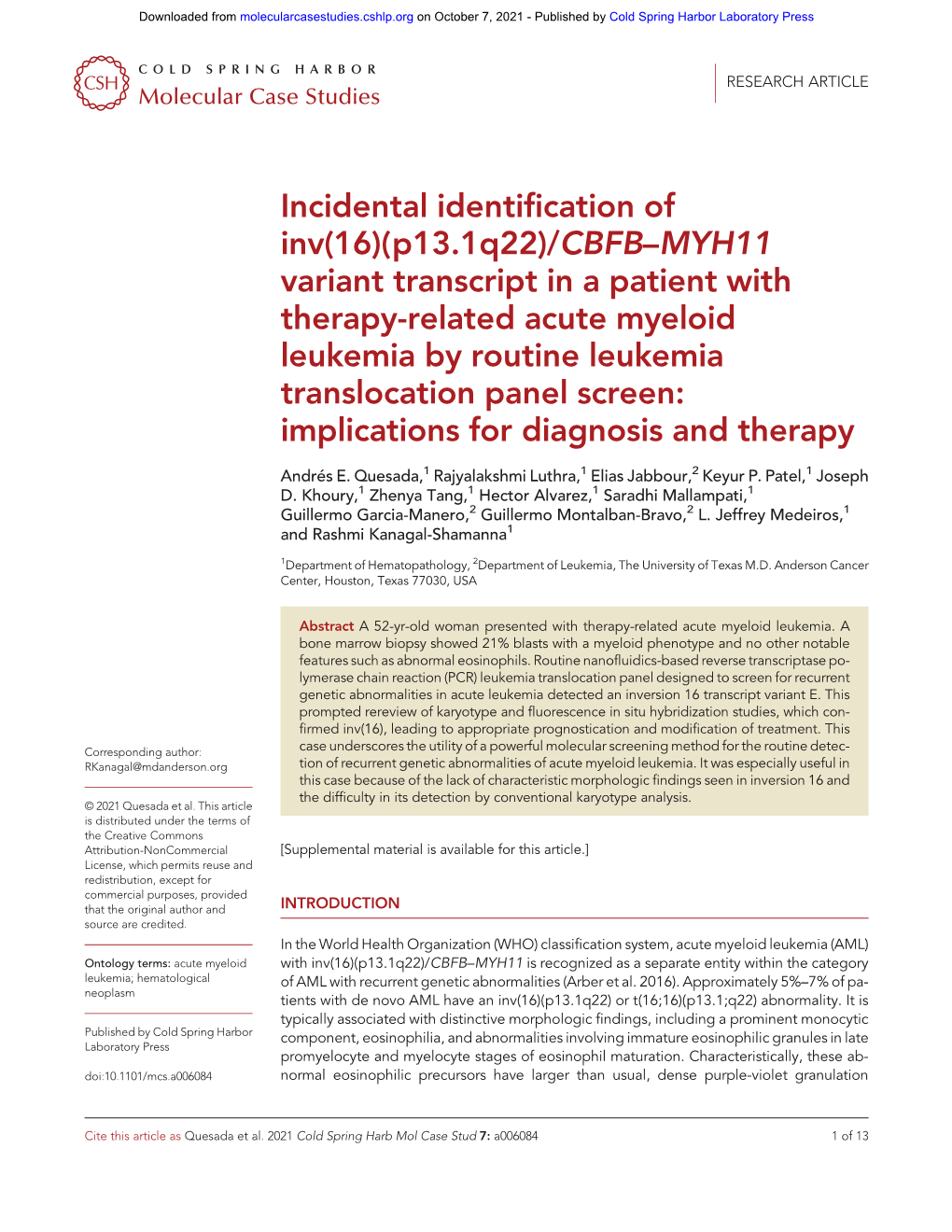 Variant Transcript in a Patient with Therapy-Related Acute Myeloid Leukemia by Routine Leukemia Translocation Panel Screen: Implications for Diagnosis and Therapy