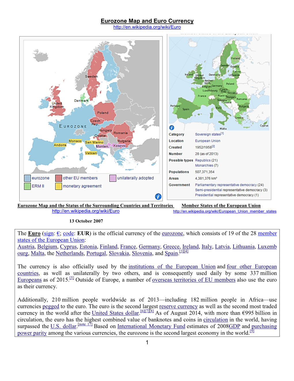 European Union (EU) Map and Euro Currency