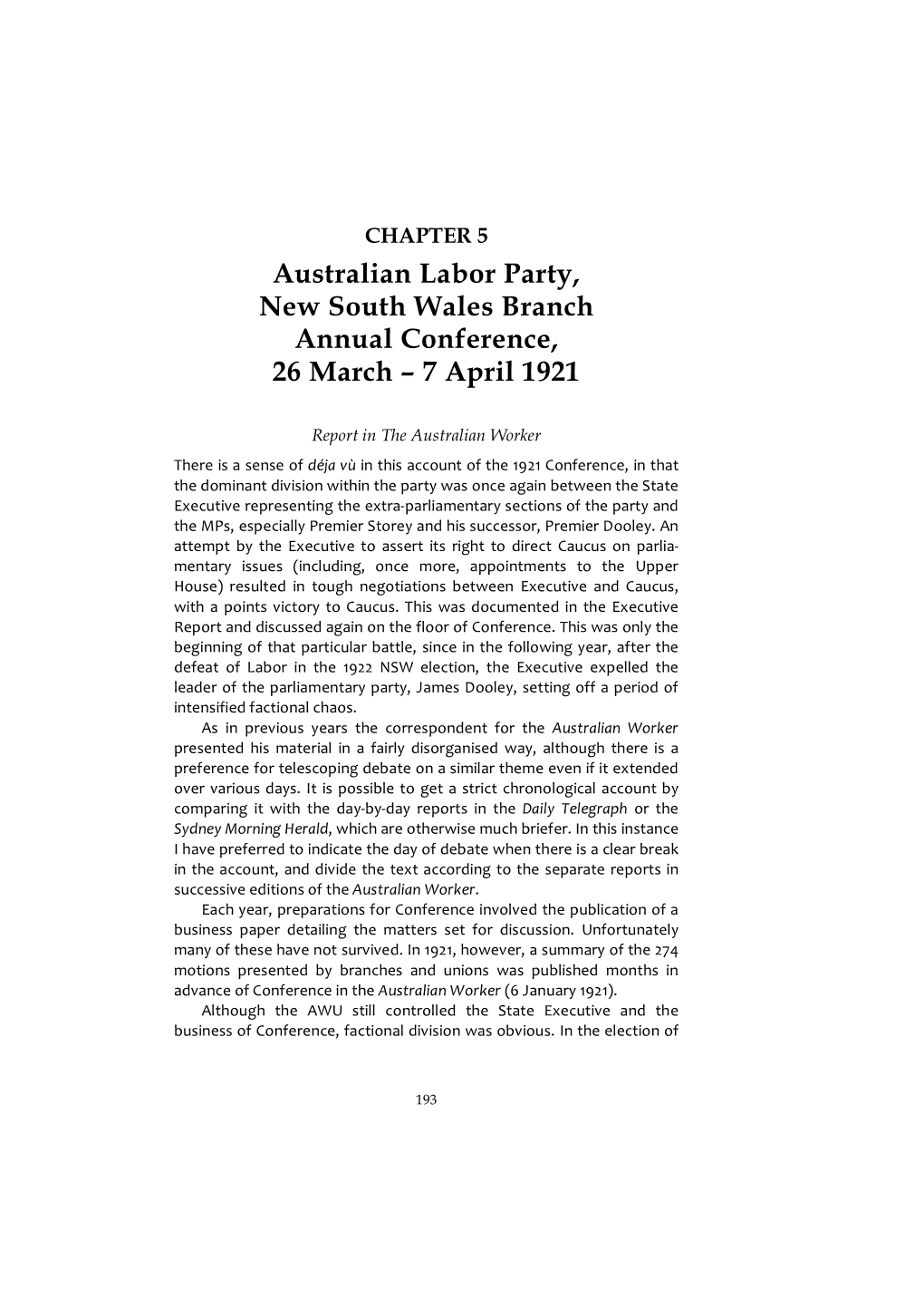 Australian Labor Party, New South Wales Branch Annual Conference, 26 March – 7 April 1921