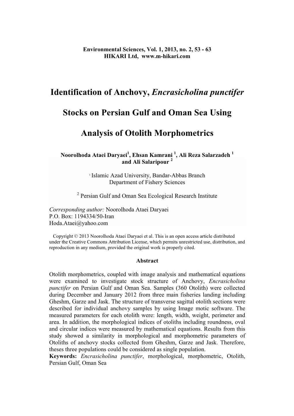 Identification of Anchovy, Encrasicholina Punctifer Stocks On