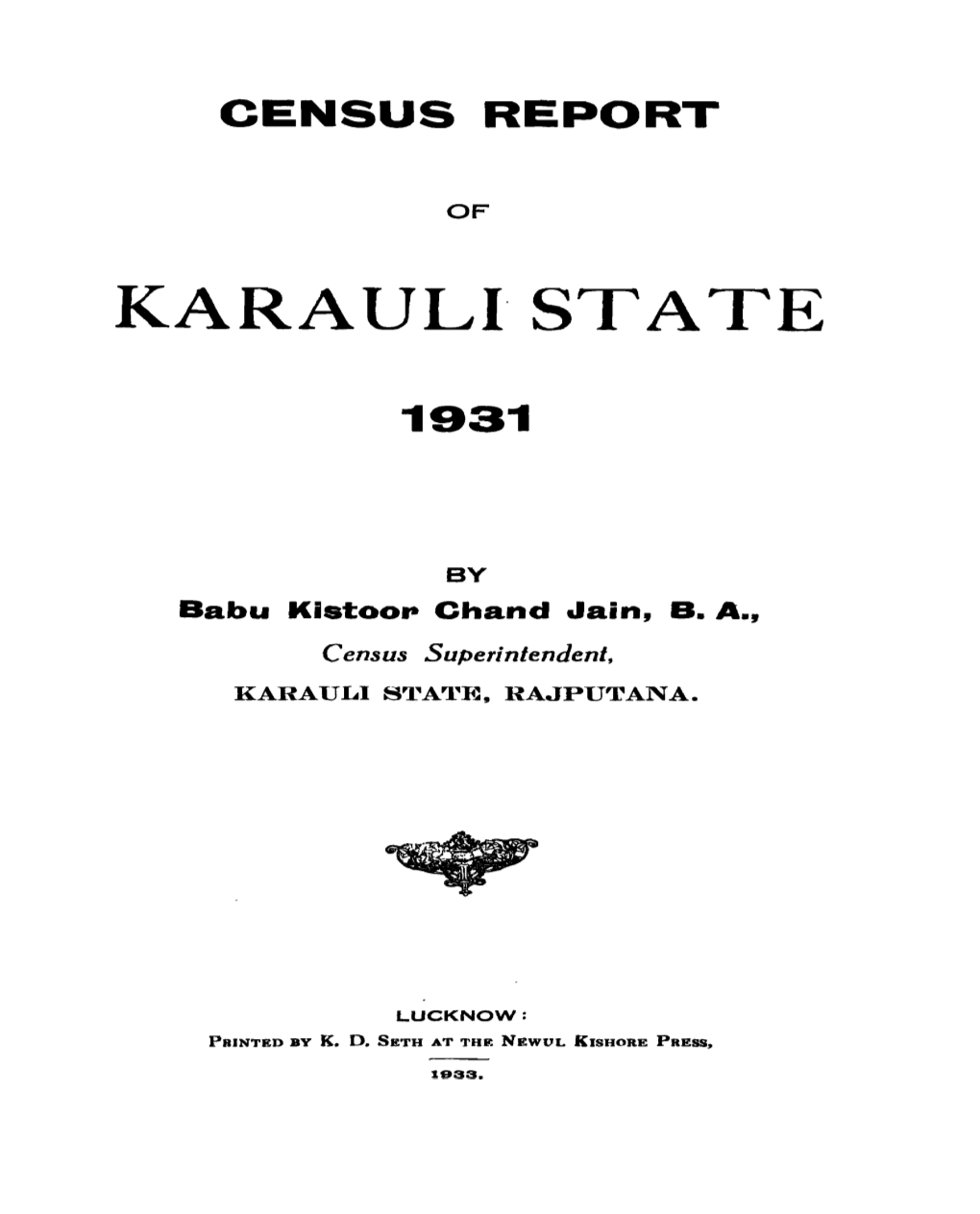 Census Report of Karauli State, Rajasthan