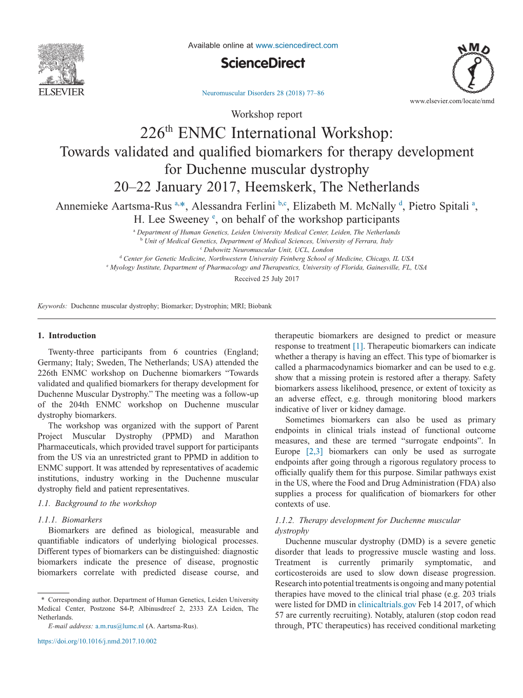 226Th ENMC International Workshop: Towards Validated and Qualified Biomarkers for Therapy Development for Duchenne Muscular Dyst