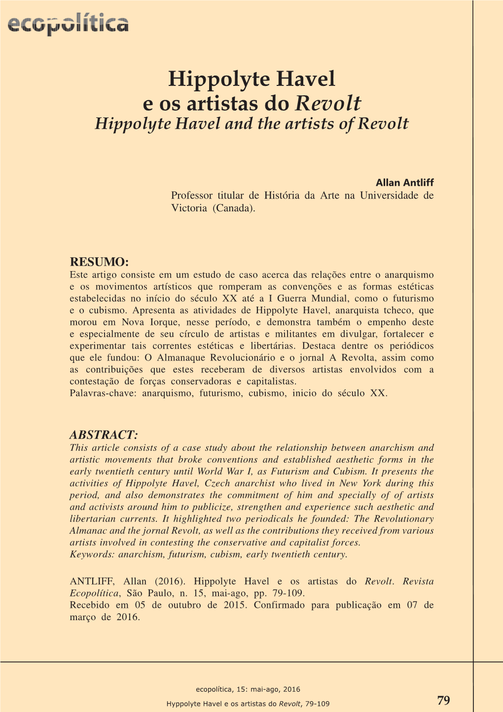 Hippolyte Havel E Os Artistas Do Revolt Hippolyte Havel and the Artists of Revolt