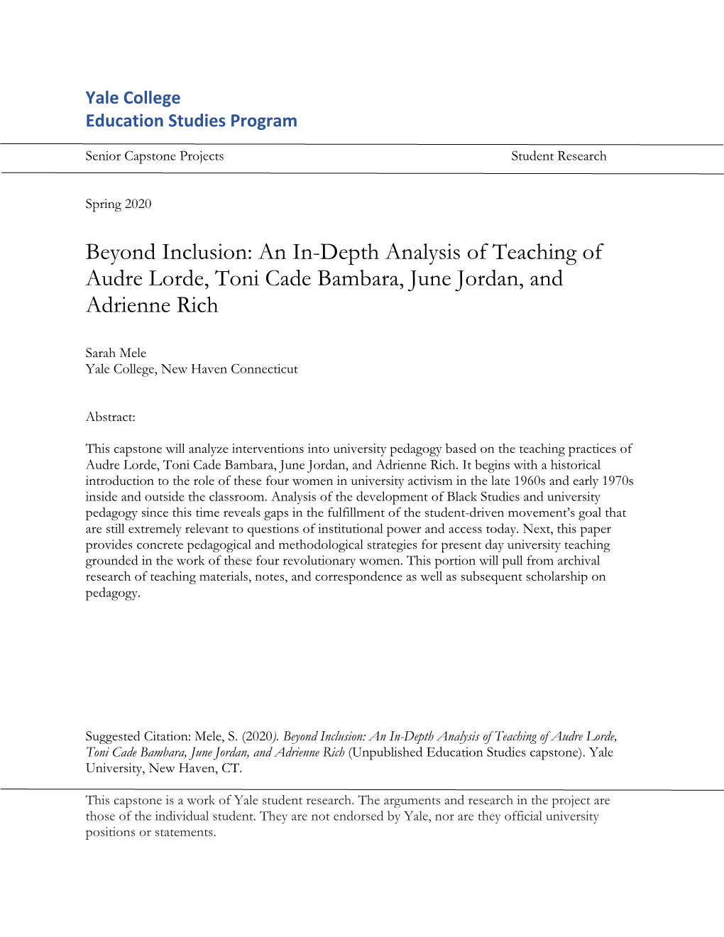 Beyond Inclusion: an In-Depth Analysis of Teaching of Audre Lorde, Toni Cade Bambara, June Jordan, and Adrienne Rich