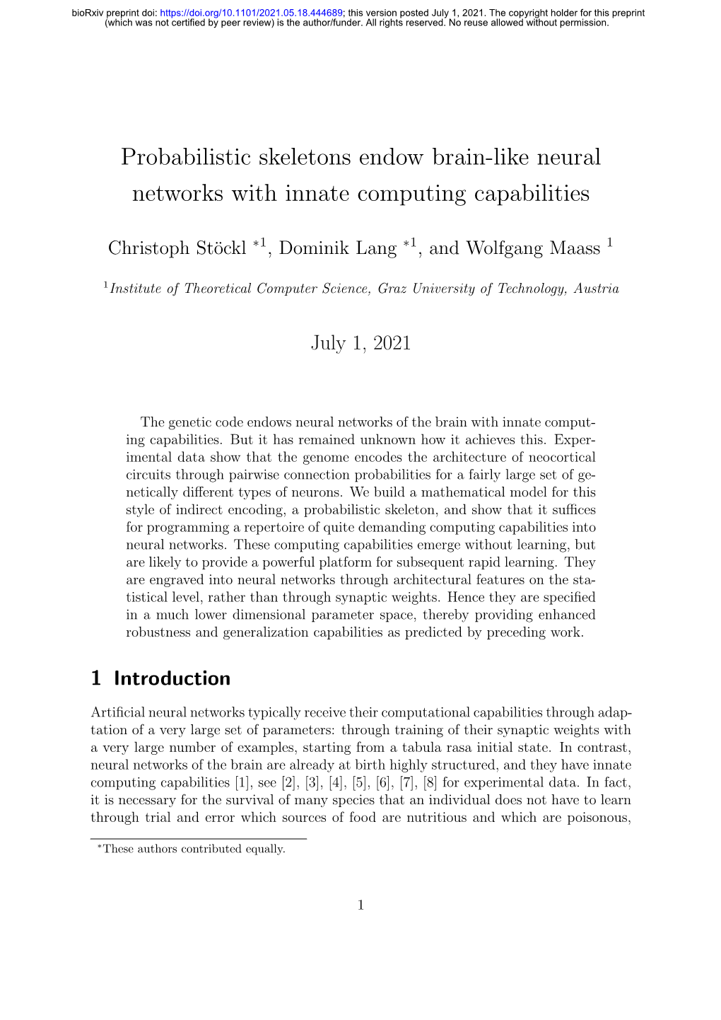 Probabilistic Skeletons Endow Brain-Like Neural Networks with Innate Computing Capabilities