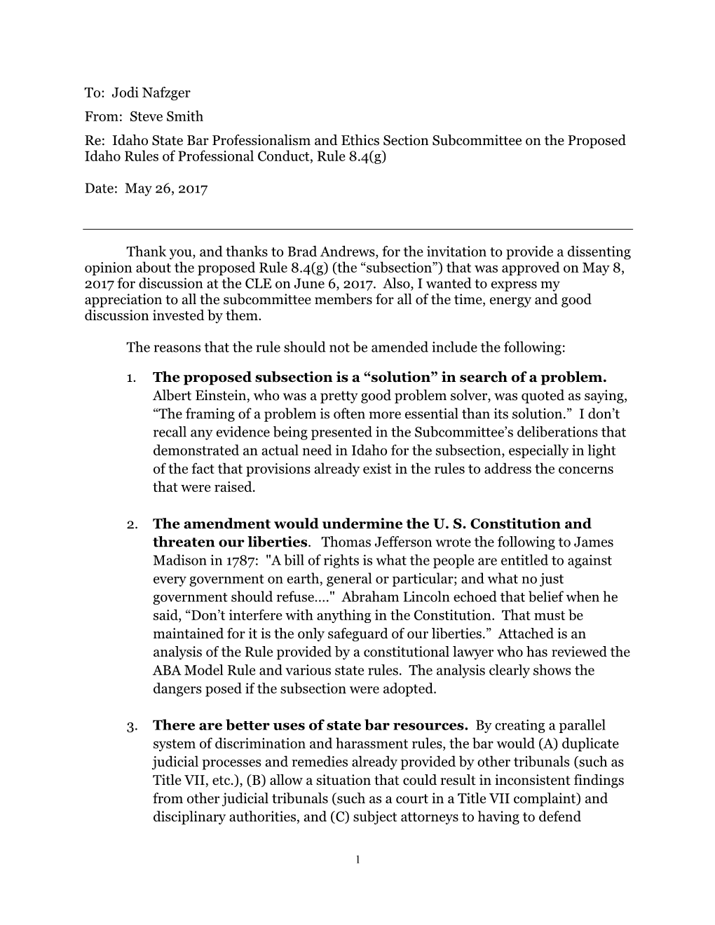 ABA Model Rule 8.4(G) Would Violate an Attorney’S Free Speech, Free Association, and Free Exercise Rights Under the First Amendment to the U.S