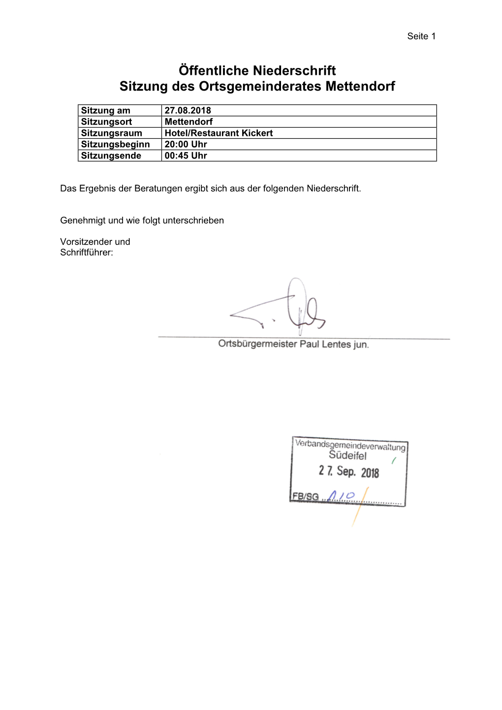 Protokoll Der Sitzung Des Ortsgemeinderates Mettendorf Vom 27.08.2018