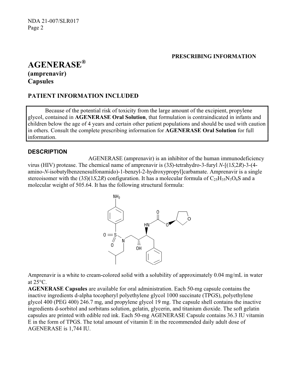 AGENERASE® (Amprenavir) Capsules