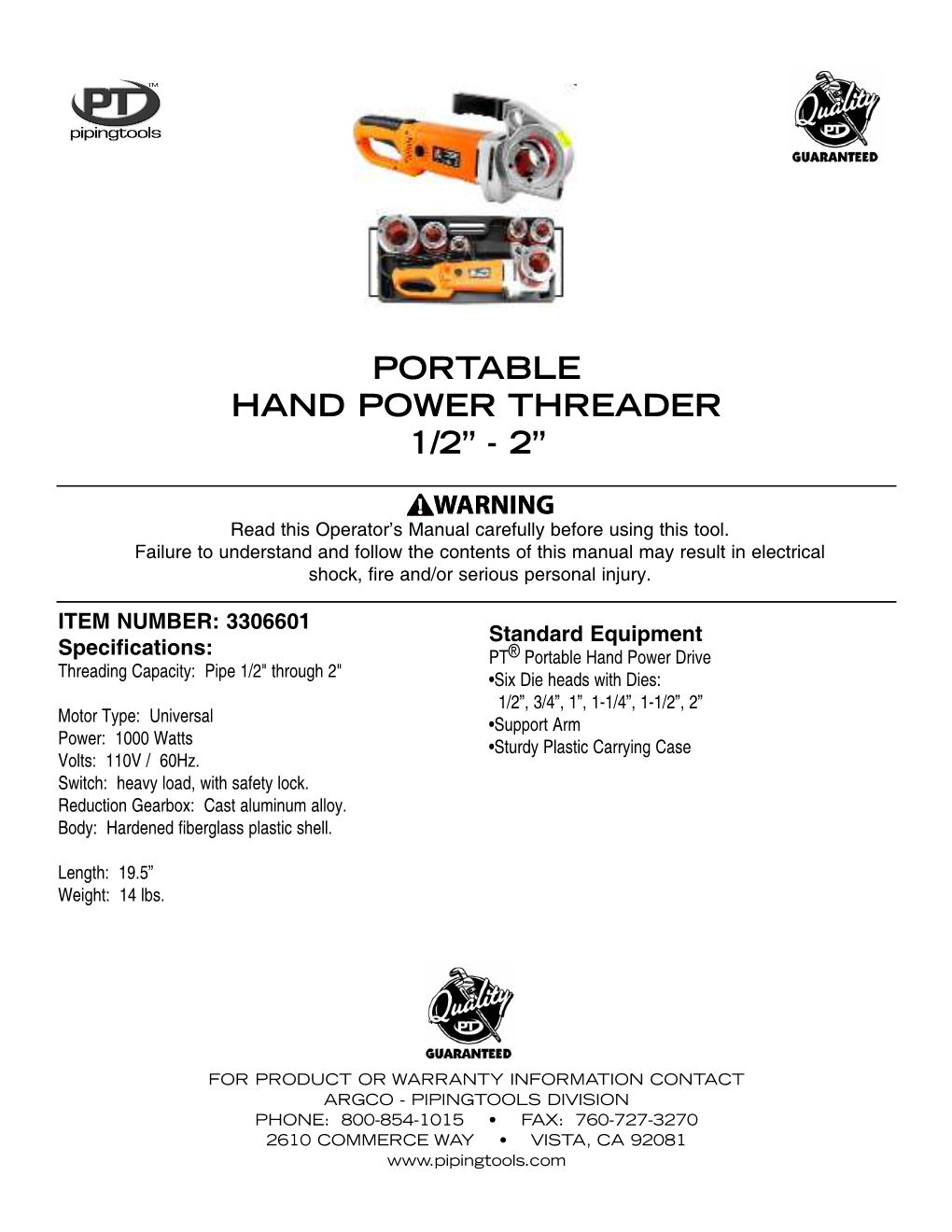 Portable Hand Power Threader 1/2” - 2”