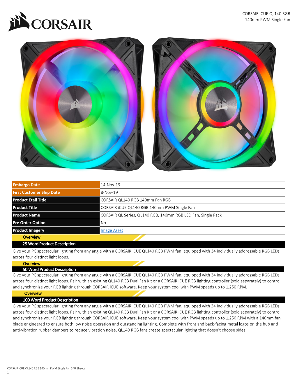 Icue QL140 RGB 140Mm PWM Single Fan SKU Sheets 1 CORSAIR Icue QL140 RGB 140Mm PWM Single Fan