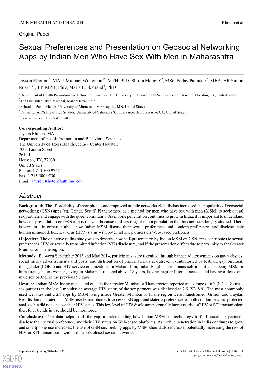 Sexual Preferences and Presentation on Geosocial Networking Apps by Indian Men Who Have Sex with Men in Maharashtra