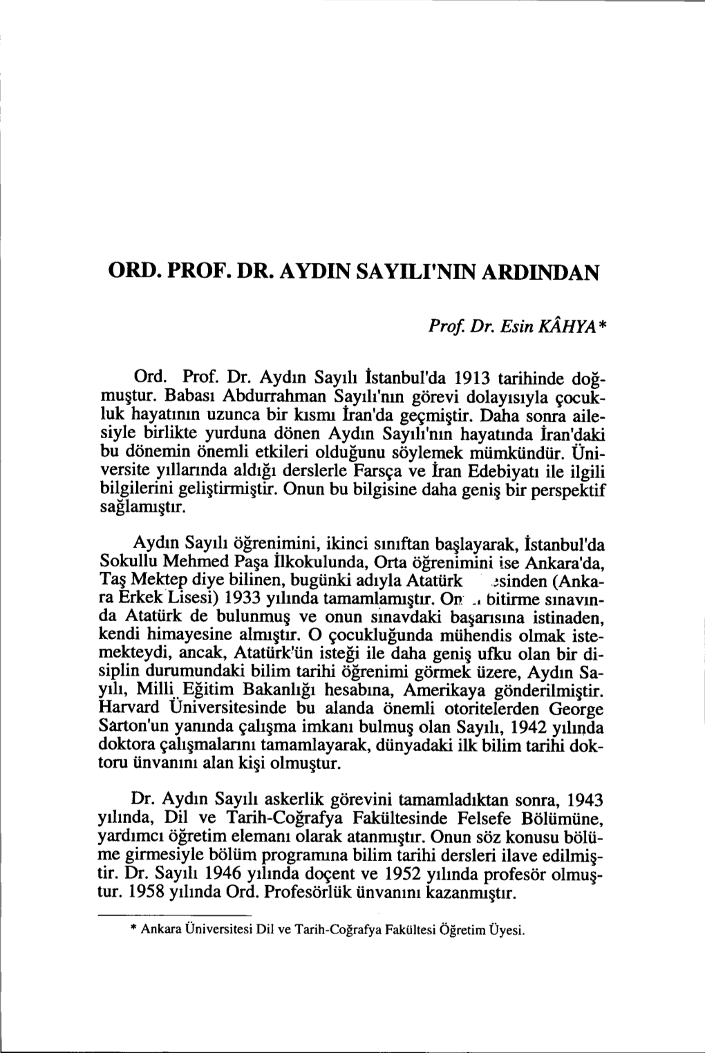 Ord. Prof. Dr. Aydin Sayili'nin Ardından