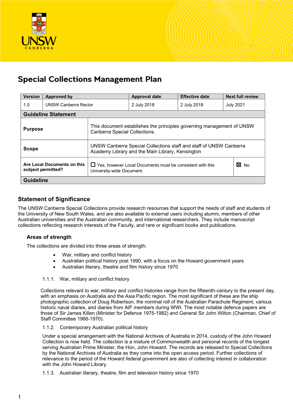 Special Collections Management Plan