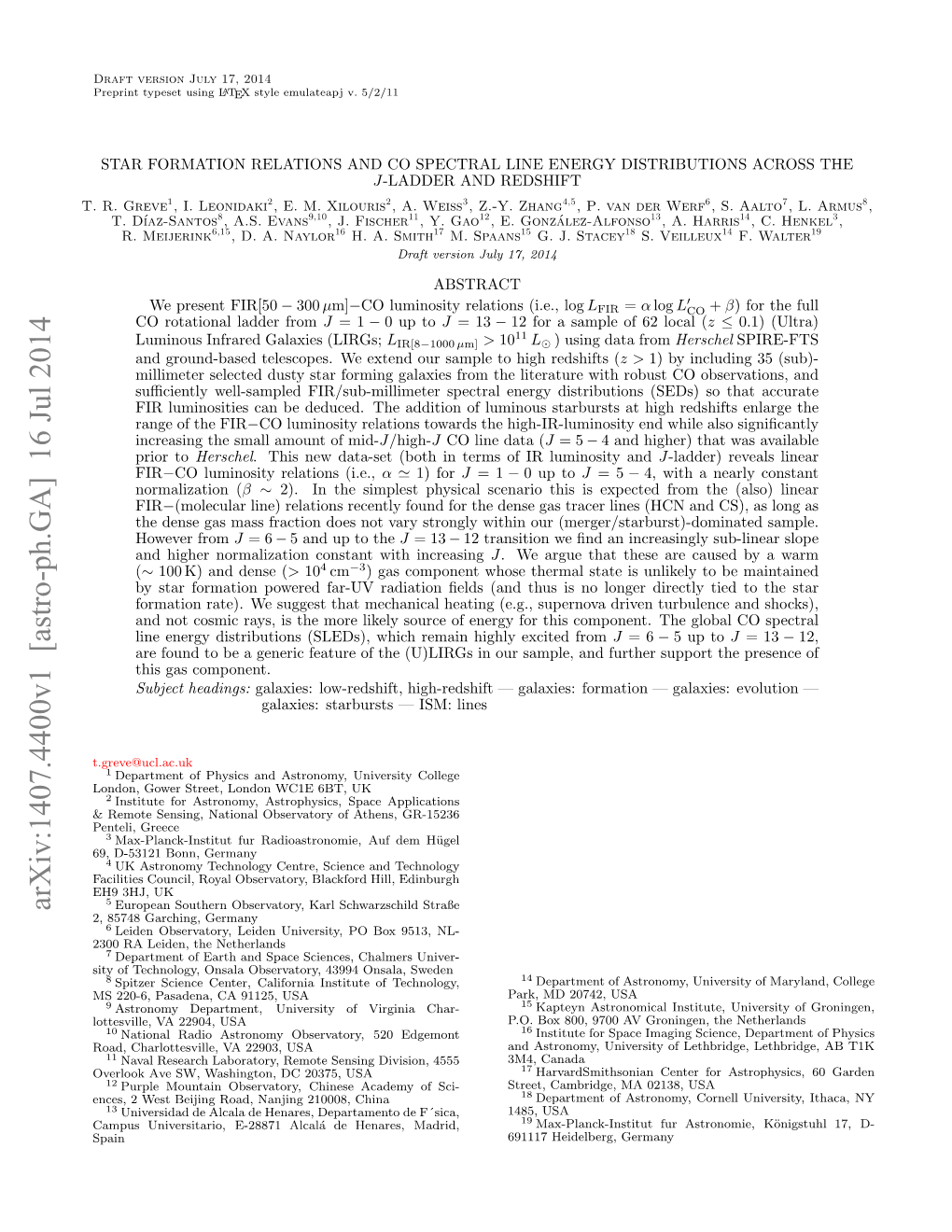 Star Formation Relations and CO Sleds Across the J-Ladder and Redshift 3 on the ESA Herschel Space Observatory20 (Pilbratt Et Al