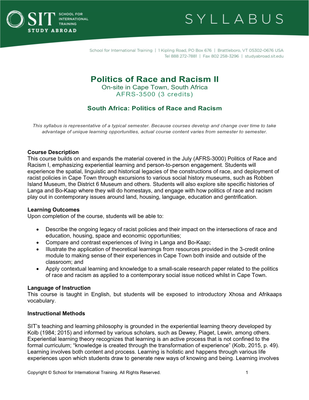 Politics of Race and Racism II On-Site in Cape Town, South Africa AFRS-3500 (3 Credits)