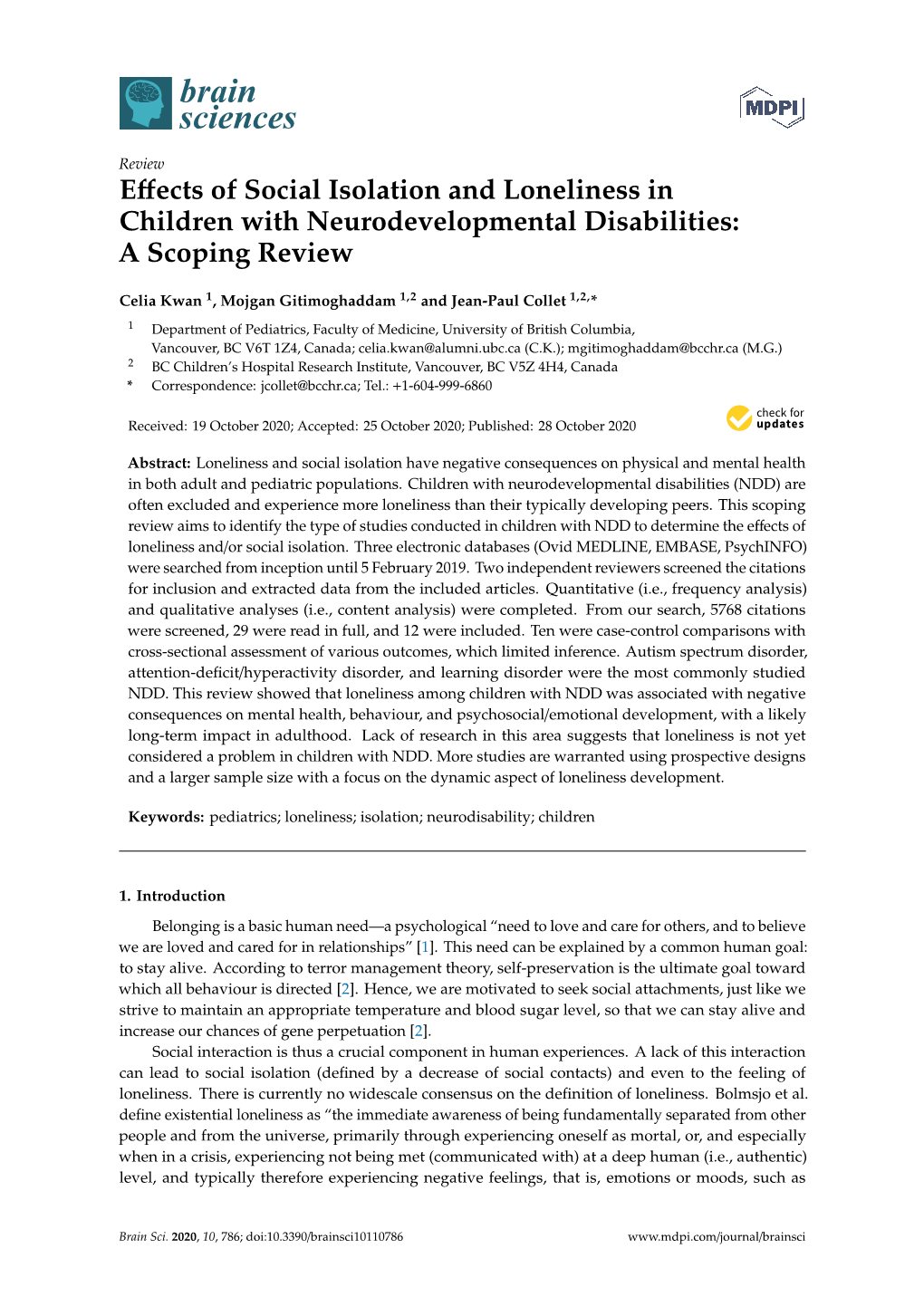 Effects of Social Isolation and Loneliness in Children With