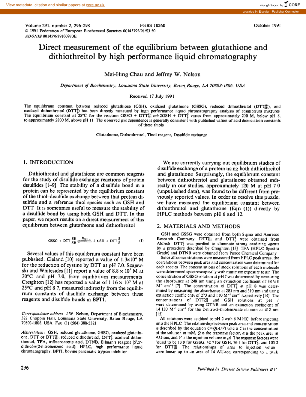 Irect Measurement of the Equilibrium Between Glutathione and Dithiothreitol by High Performant;E Liquid Chromatography