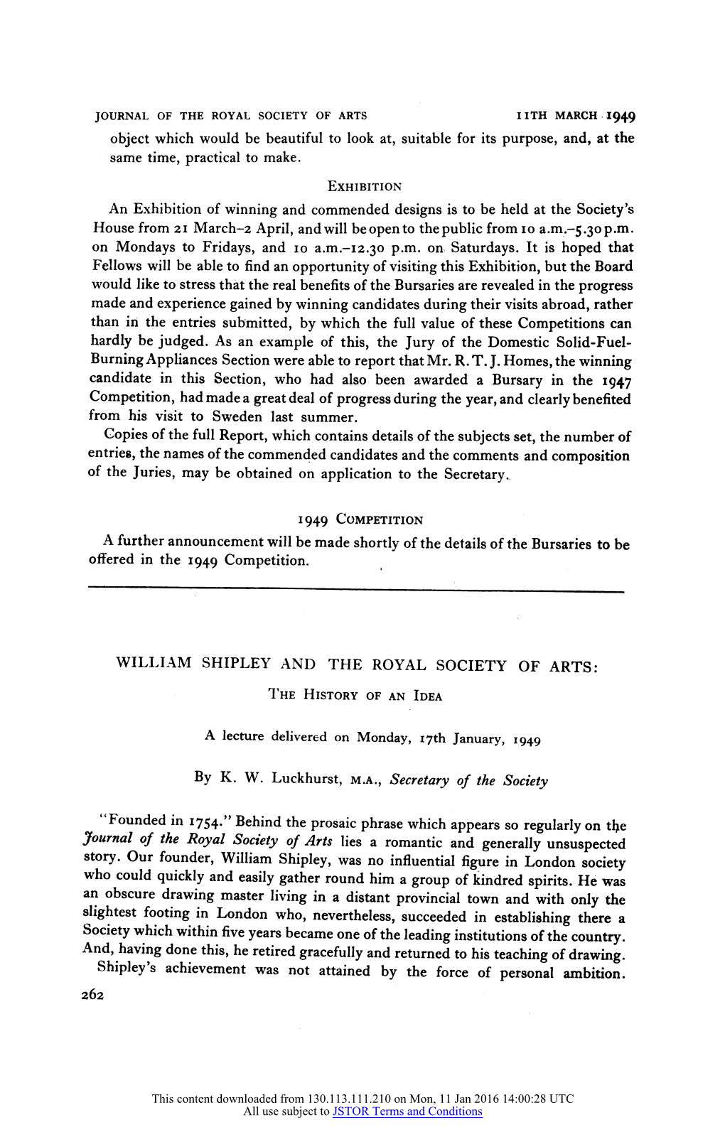 WILLIAM SHIPLEY and the ROYAL SOCIETY of ARTS: the History of an Idea