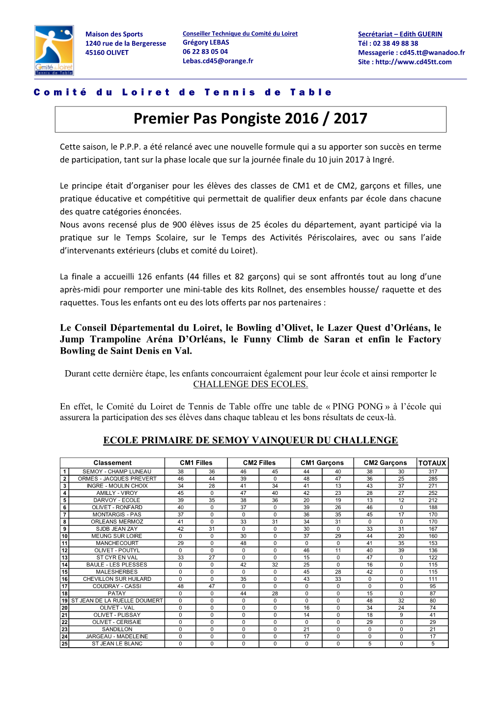 Premier Pas Pongiste 2016 / 2017