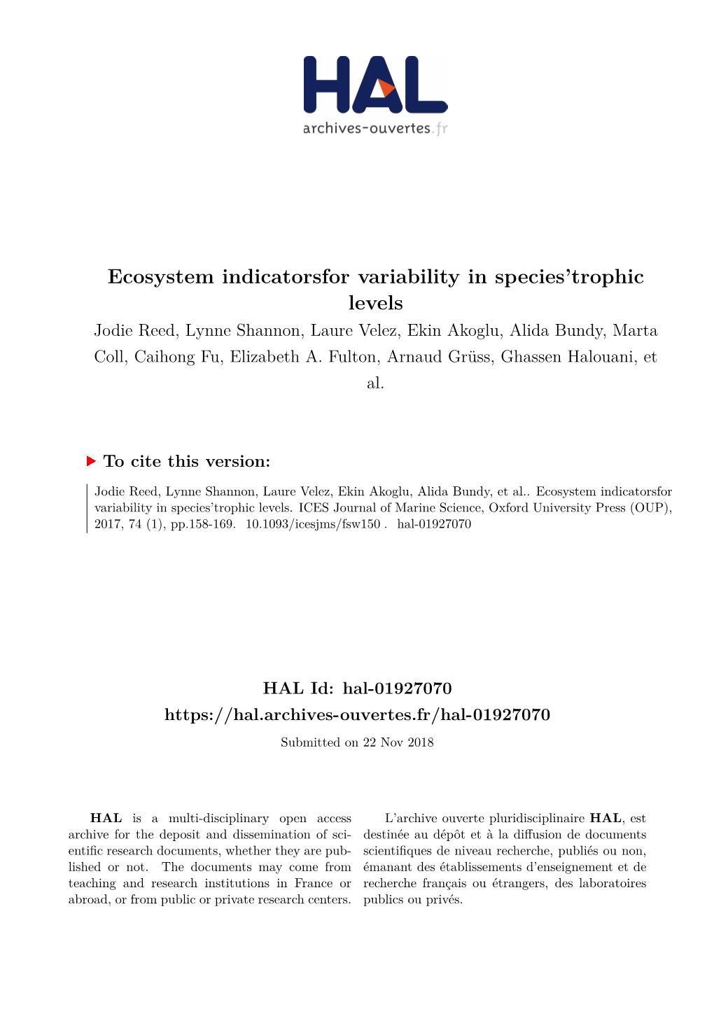 Ecosystem Indicatorsfor Variability in Species'trophic Levels