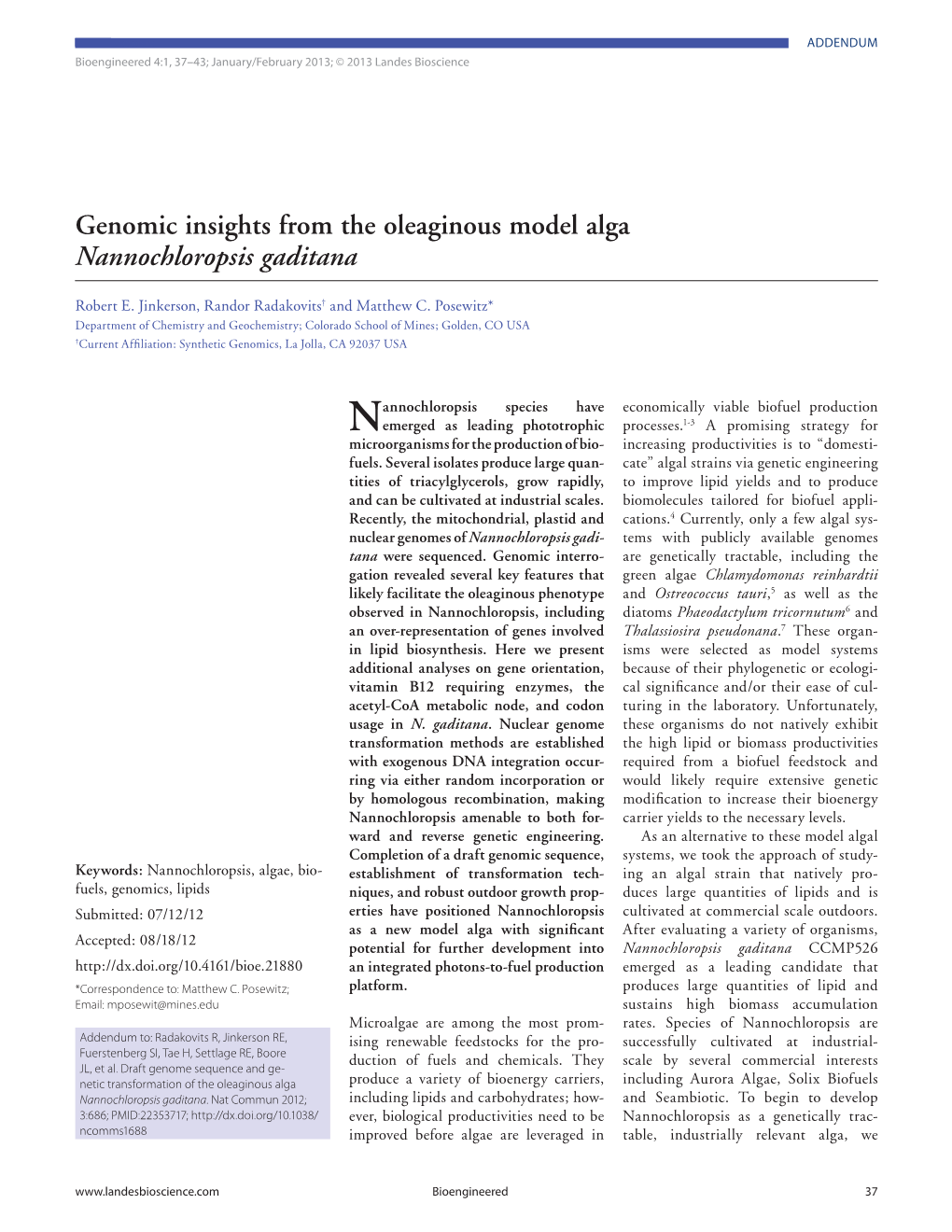 Genomic Insights from the Oleaginous Model Alga Nannochloropsis Gaditana