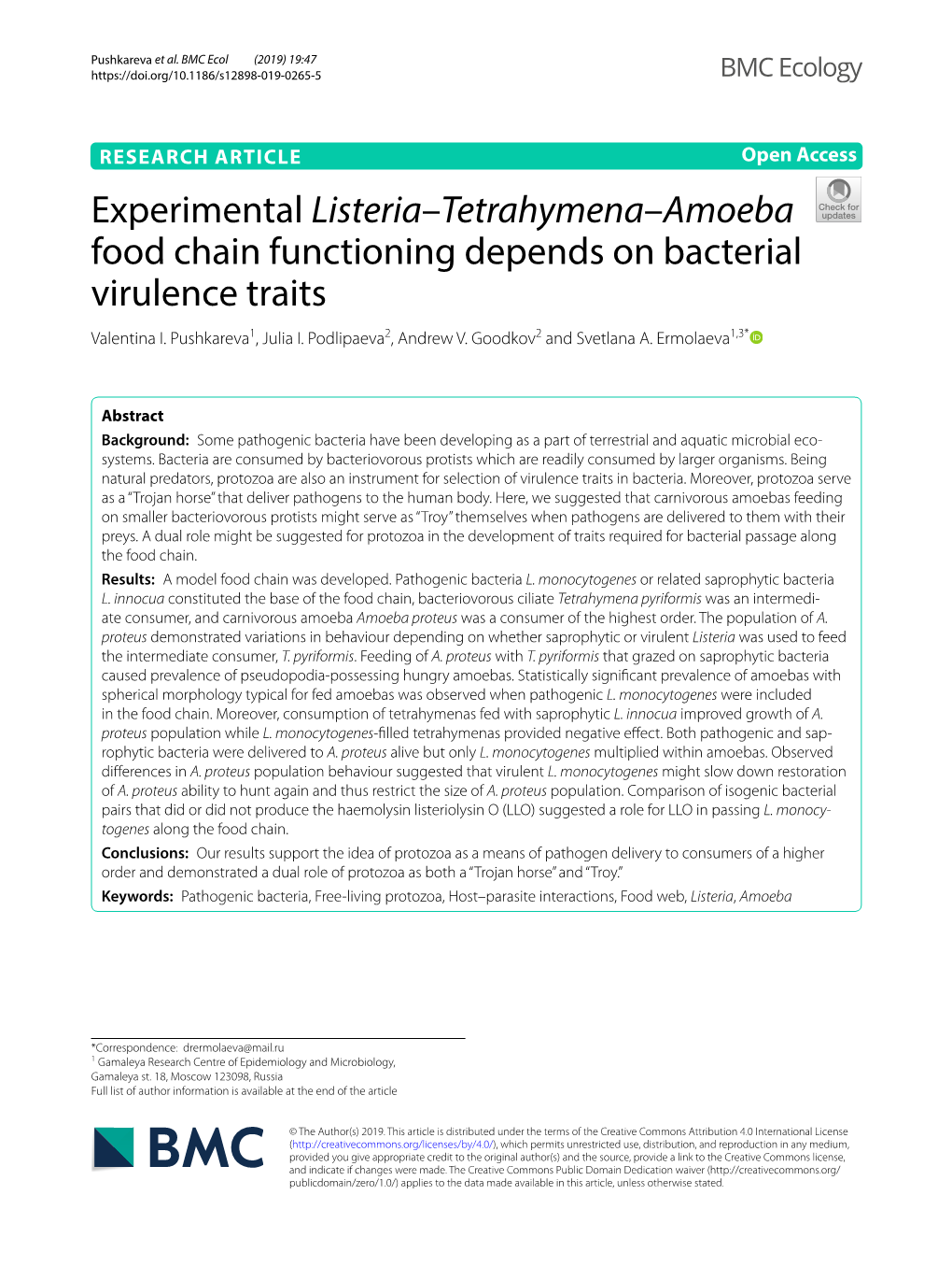 Experimental Listeria–Tetrahymena–Amoeba Food Chain Functioning Depends on Bacterial Virulence Traits Valentina I