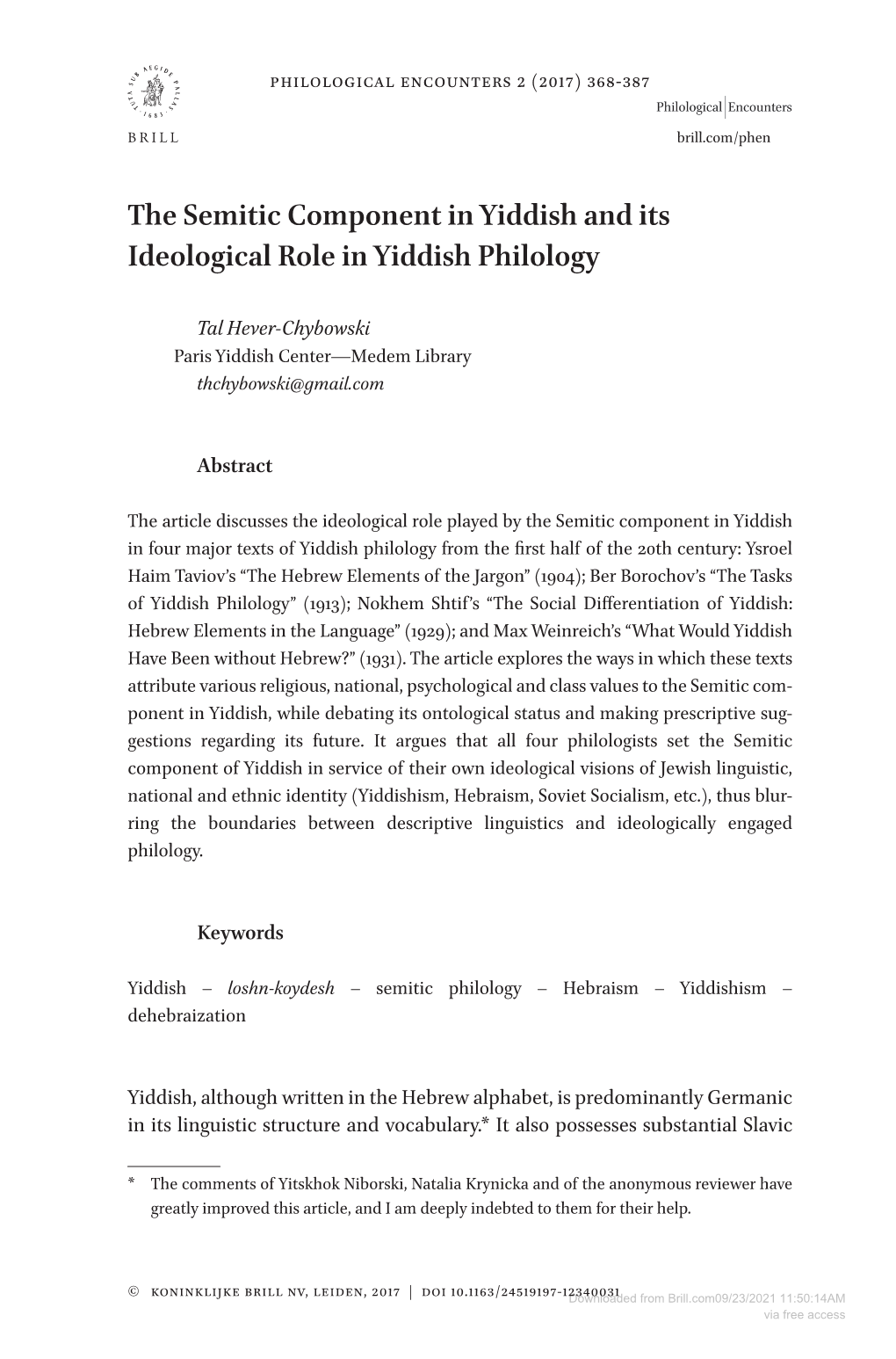 The Semitic Component in Yiddish and Its Ideological Role in Yiddish Philology