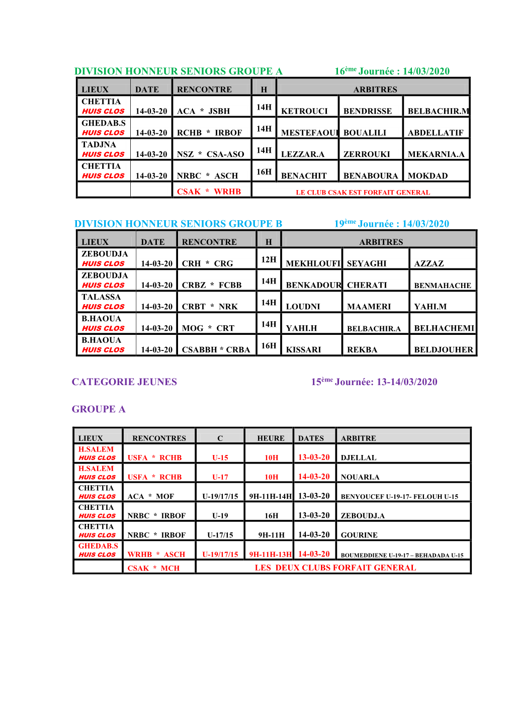 DIVISION HONNEUR SENIORS GROUPE a 16Ème Journée : 14/03/2020