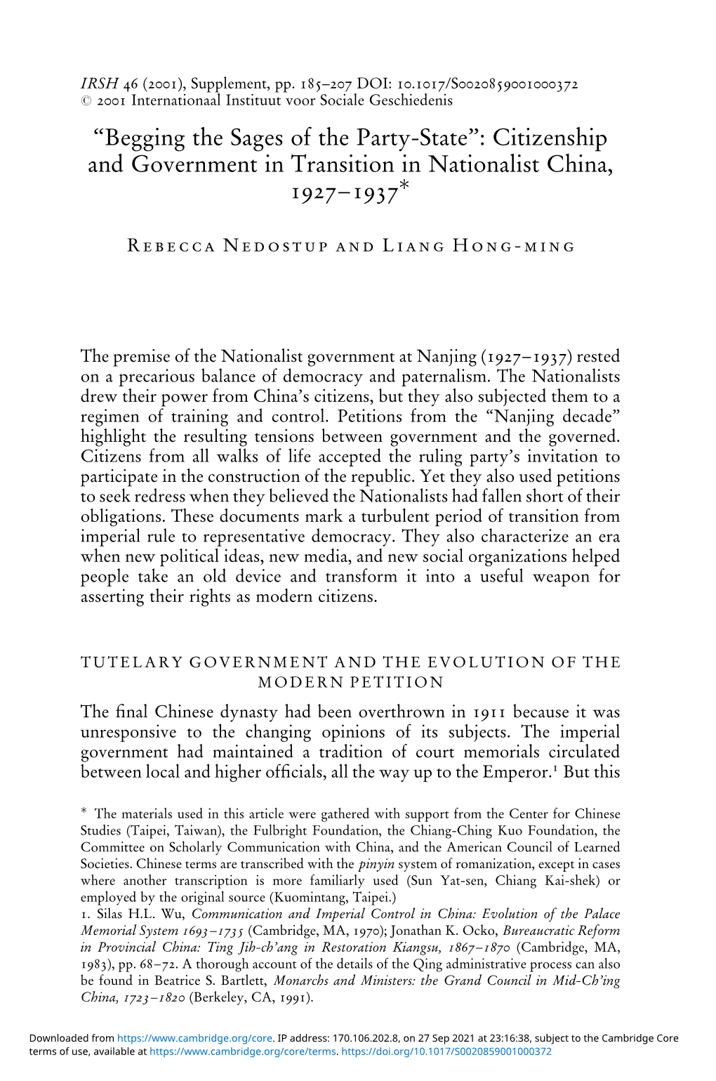 Citizenship and Government in Transition in Nationalist China, 1927±1937Ã