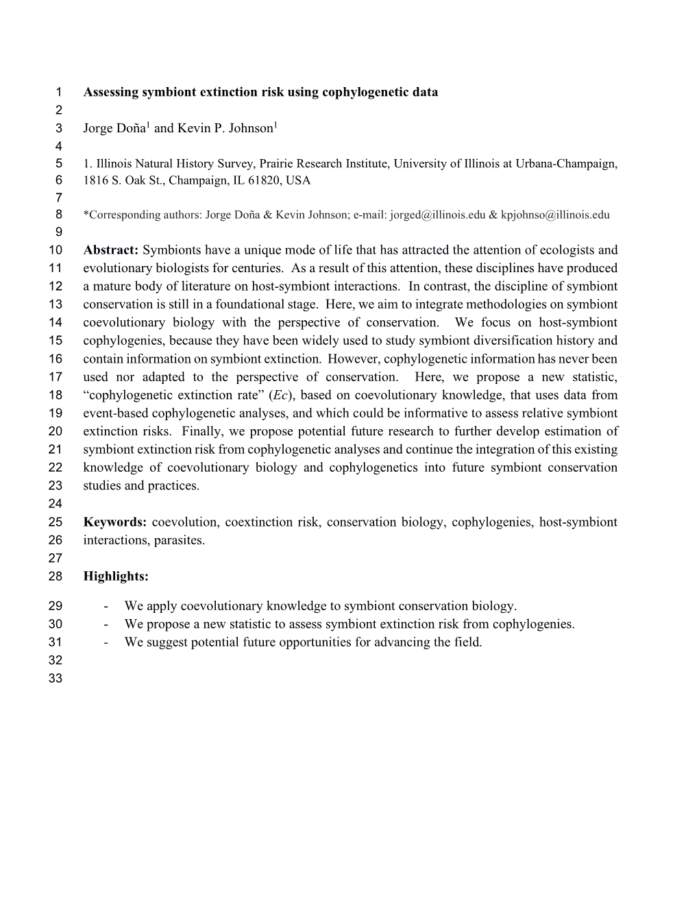 Assessing Symbiont Extinction Risk Using Cophylogenetic Data 2 3 Jorge Doña1 and Kevin P