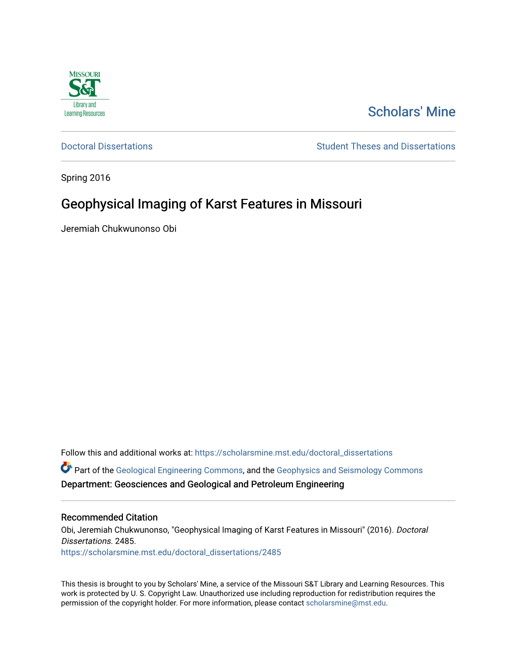 Geophysical Imaging of Karst Features in Missouri