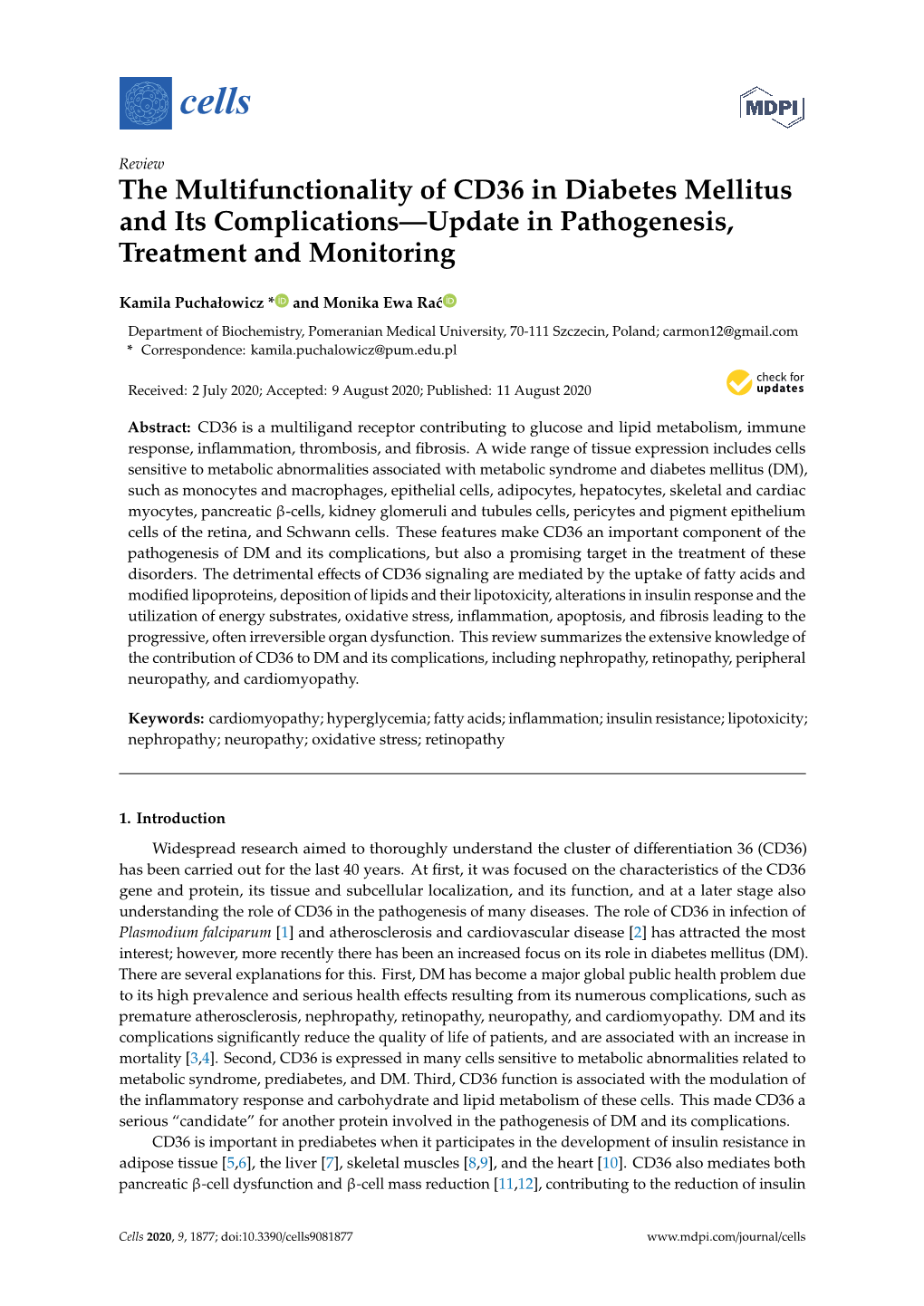 The Multifunctionality of CD36 in Diabetes Mellitus and Its Complications—Update in Pathogenesis, Treatment and Monitoring