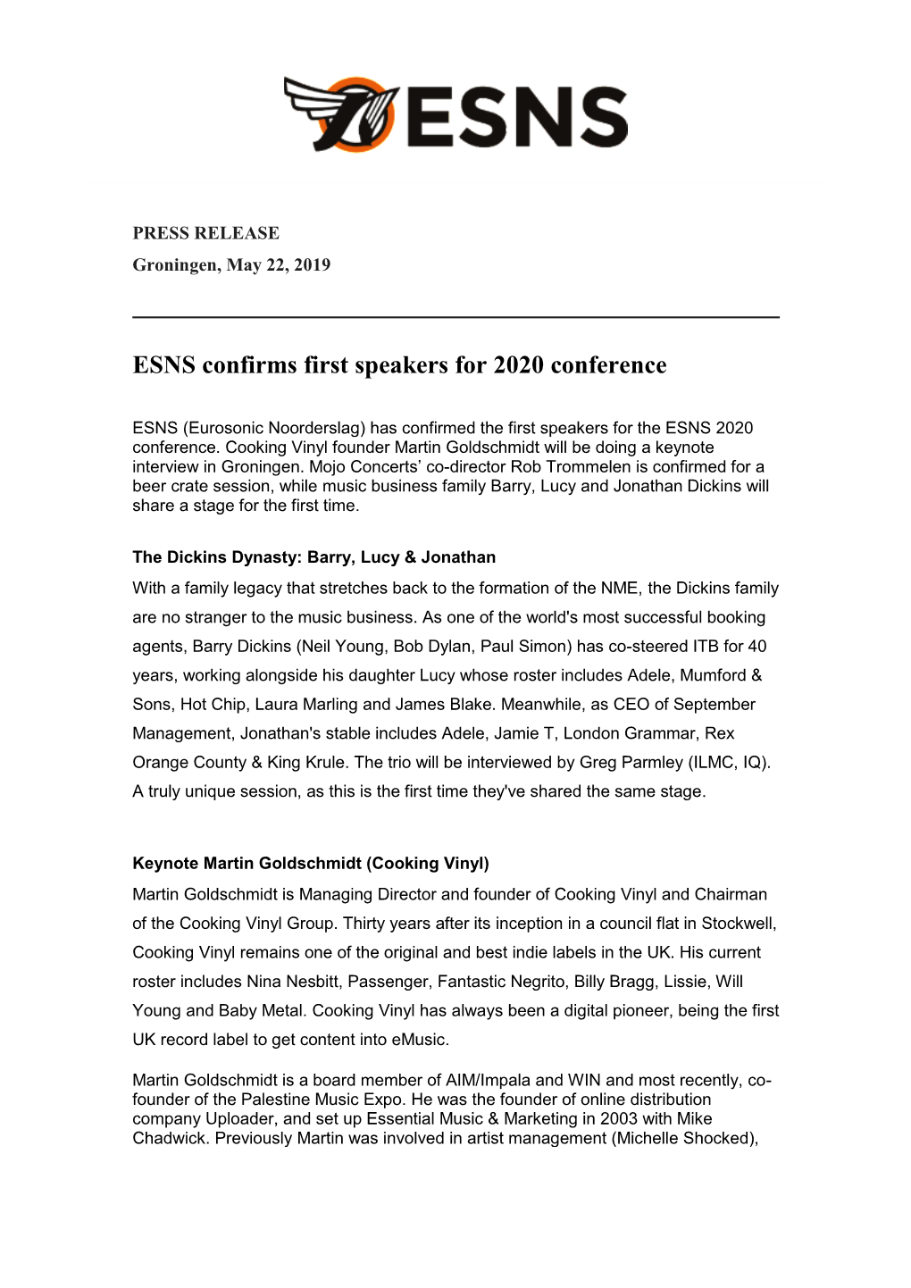 ESNS Confirms First Speakers for 2020 Conference