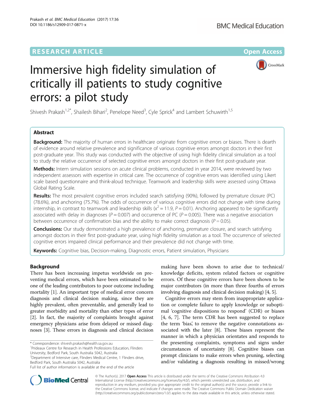 Immersive High Fidelity Simulation of Critically Ill Patients to Study Cognitive Errors