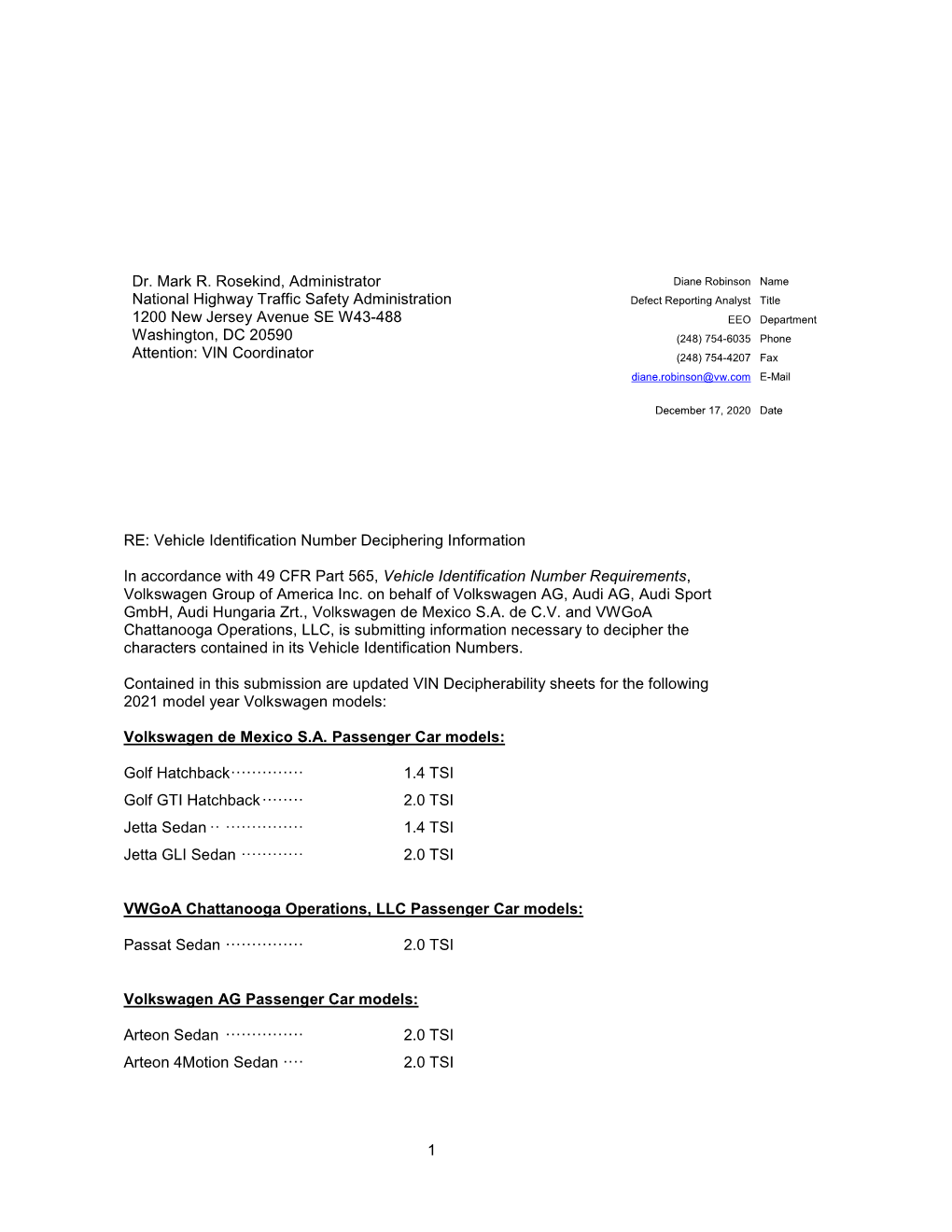 2021 Volkswagen U.S. VIN Breakdown